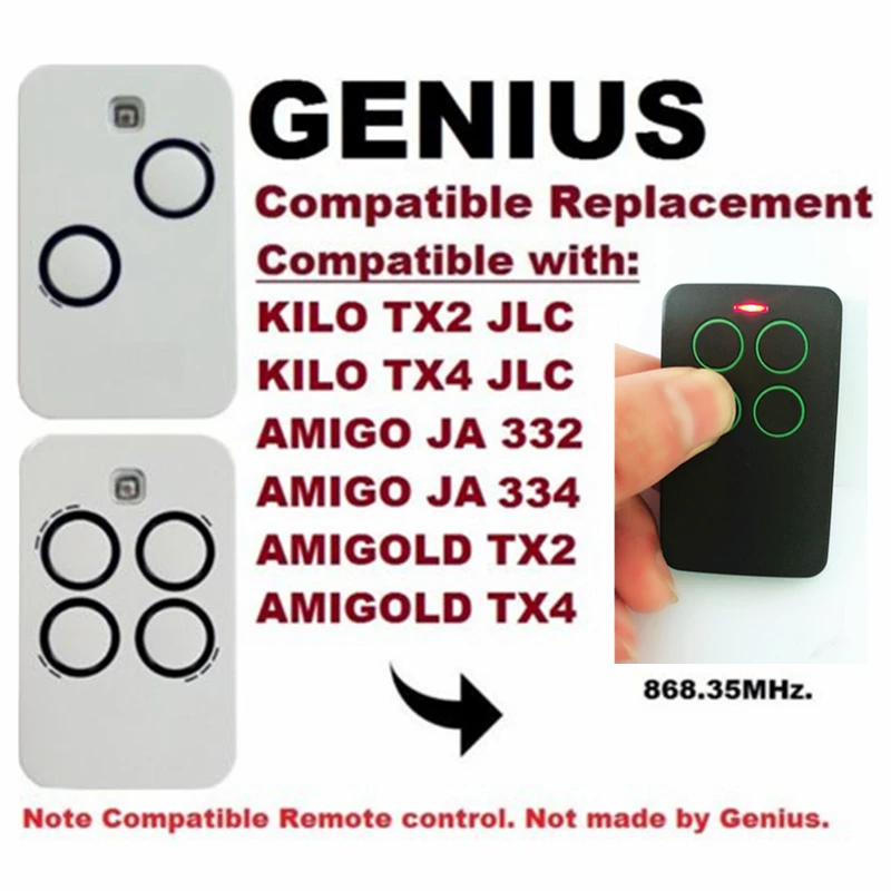 

GENIUS KILO TX2 JLC, KILO TX4 JLC Rolling Code Compatible Remote Control 868MHz