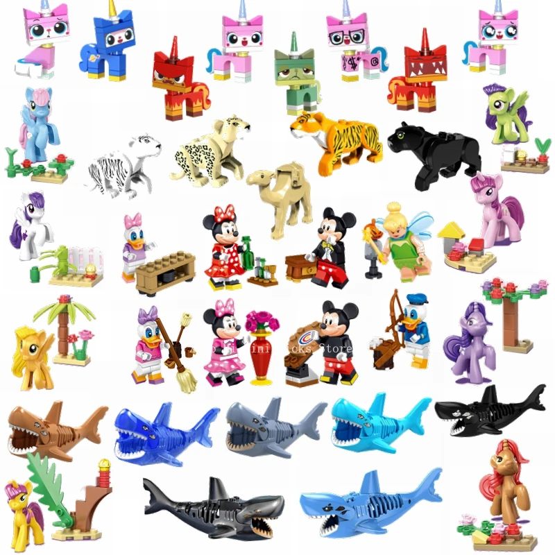 

Legoing Creative Cartoon Animal Action Figures Donald Duck Mickey Mouse Shark Cute Cat Building Blocks Toys Legoings Movie Dolls