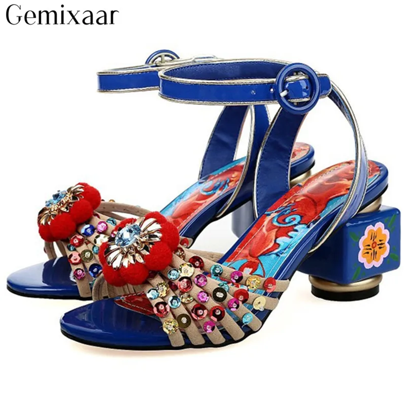 

Luxury Colorful Rhinestone Narrow Ankle Buckle Women Shoes Round Toe High Heel Sandales Retro Chunky Square Heels Sandals Woman