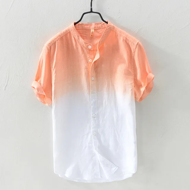 ADREAML Mens Breathable Short Sleeve 100% Linen Cross-Dyed Gradient on-Down Thin Lapel Collar Hanging Shirt ADREAML Mens Breathable Short Sleeve 100% Linen Cross-Dyed Gradient on-Down Thin Lapel Collar Hanging Shirt