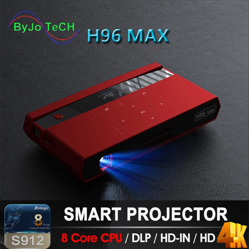 

ByJoTeCH H96 MAX DLP Portable Projector LED S912 Android 8 Core CPU Full HD 4K 200 inch WIFI 5G Bluetooth speaker tripod gift