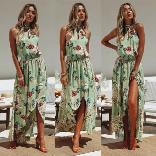 

2019 Womens Maxi Boho Floral Summer Beach Long Dress Evening Party Sun Dress Holiday Short Sleeves Sun Long Dress