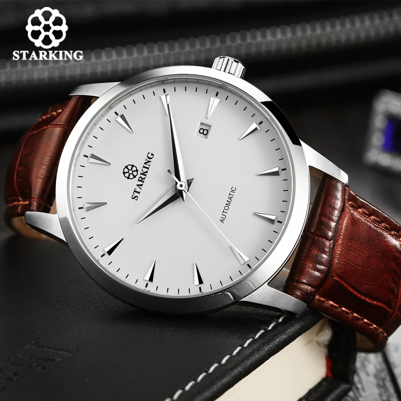 STARKING Automatic Watches Men Stainless Steel Business Wristwatch Leather Fashion 50M Waterproof Male Clock Relogio Masculino