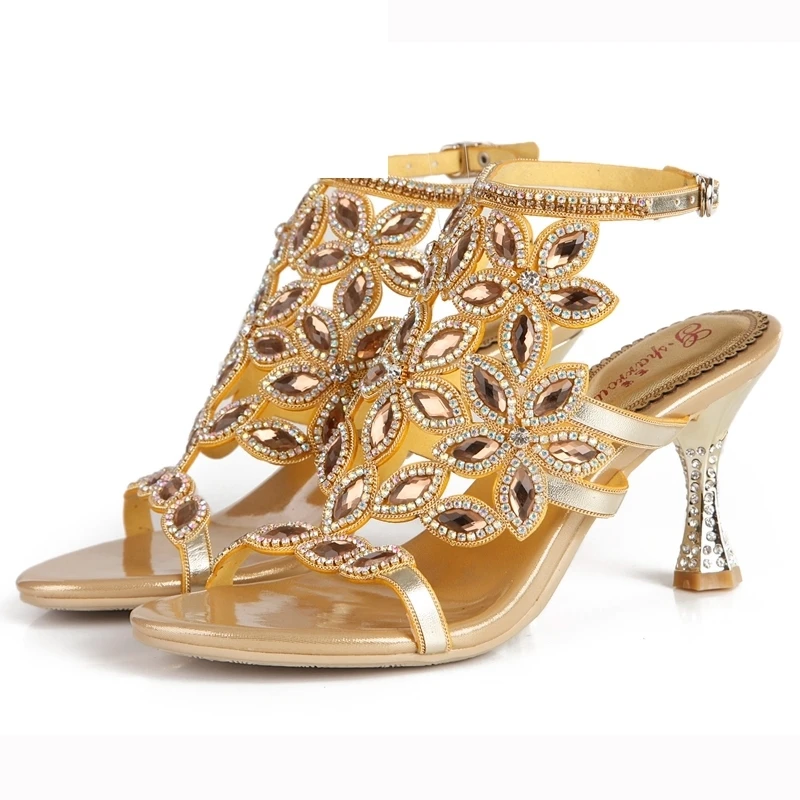 

GS-L035 Handmade Flower Crystal Summer Sandals with Back Straps Open Toe Cup Style Heel Women Pumps Party Shoes Plus Size 40 41