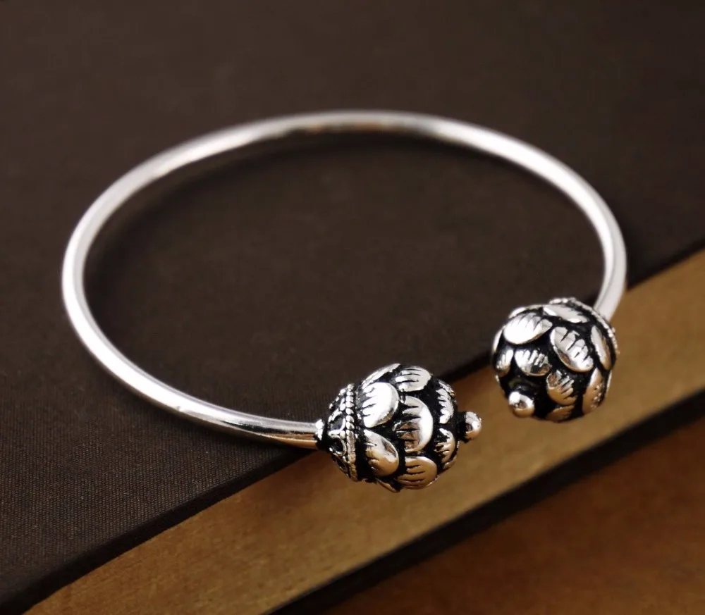 925 Sterling Silver Retro Lotus Flower Cuff Bracelet A2288in Bangles