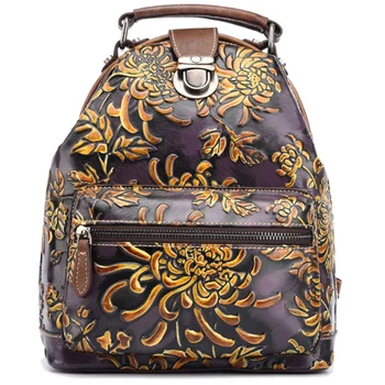

FGGS-Women'S Natural Skin Rucksack Backpack Embossed Brush Color Floral Pattern Travel Bag Retro Backpack