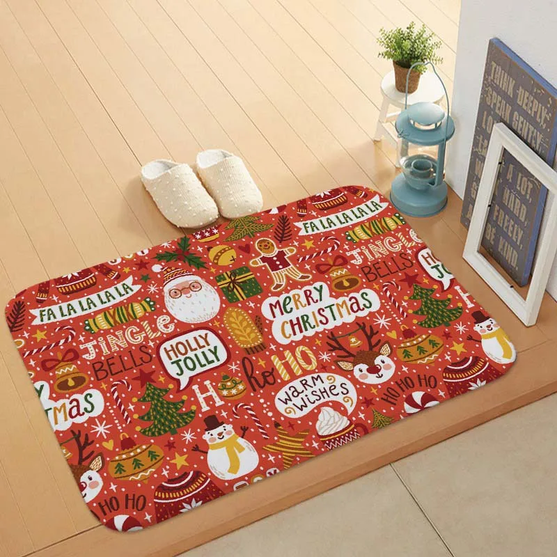 

Joy Fun Carpet Red Christmas Snowflake Candy Snowman Doormat Living Room 80*50Cm Coral Fleece Absorbent Non-Slip Kitchen Mat