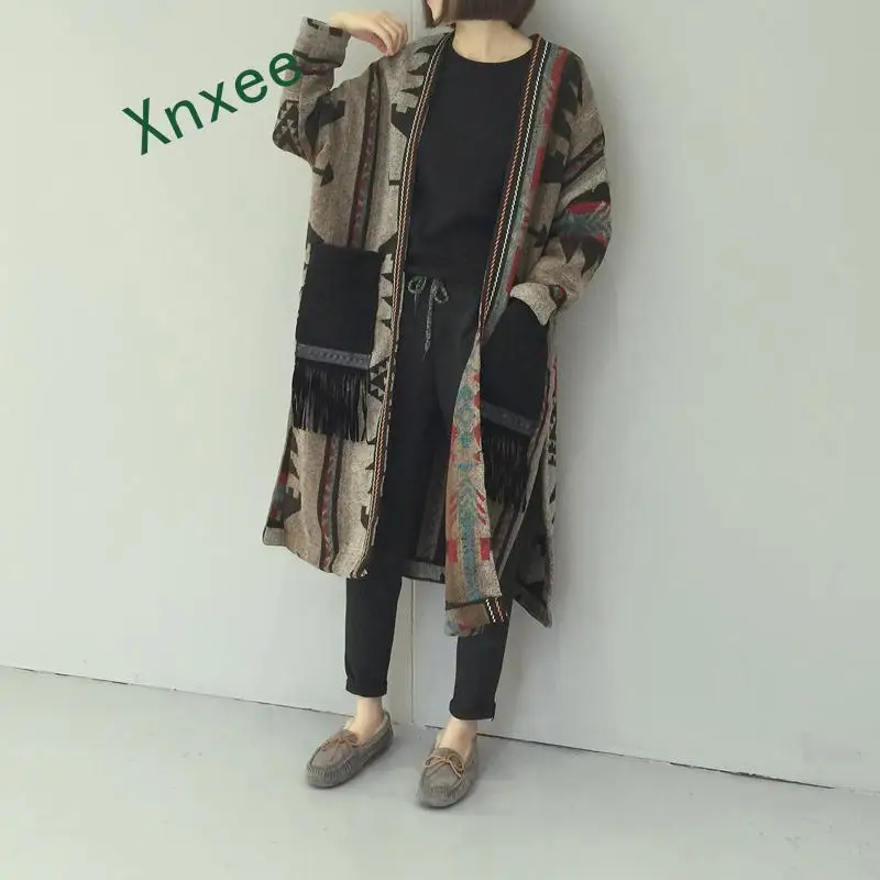 

Женское шерстяное пальто Xnxee, повседневное Свободное длинное пальто с разрезом, кардиган с бахромой на осень и зиму, 2019