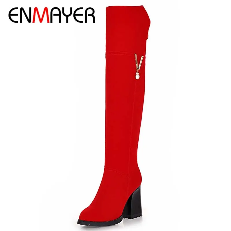 

ENMAYER Big Size 34-39 Advanced Nubuck Leather Over-the-Knee Square High Heels Zip Boots For Women 2-color  New Fashion Boots