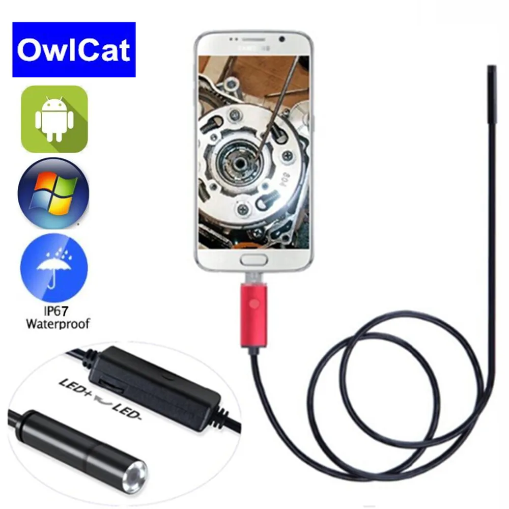 OwlCat эндоскоп камера мини Водонепроницаемый Мягкий кабельный рукав Инспекционная камера 5 мм 2 м змея USB эндоскоп бороскоп для андроида