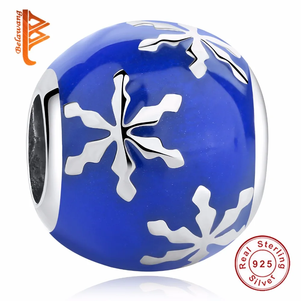 

BELAWANG Blue Enamel Round Beads fit Women Bracelets 925 Sterling Silver Snowflake Charms Jewelry Making Winter Collection