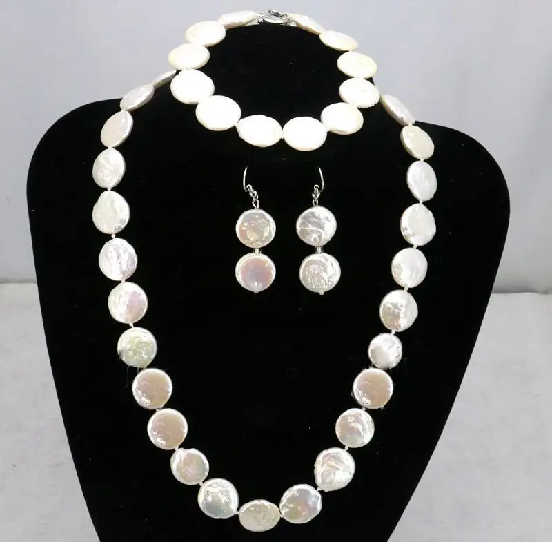 

RARE 13-14MM NATURAL WHITE COIN SHAPE FRESHWATER PEARL NECKLACE SET 18"AAA+