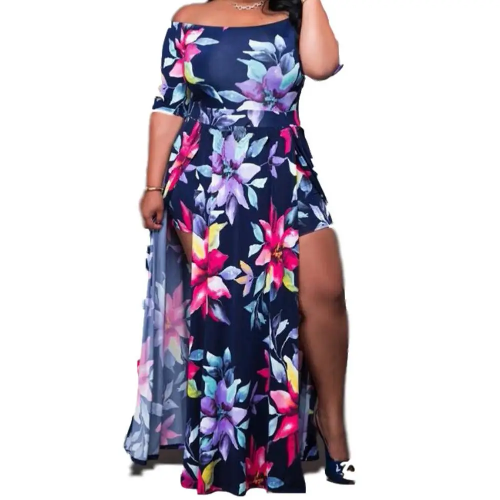 

2019 New Yfashion Women Fashion Sexy Summer Digital Printing Boat Neck Collar Split Dress Large Size