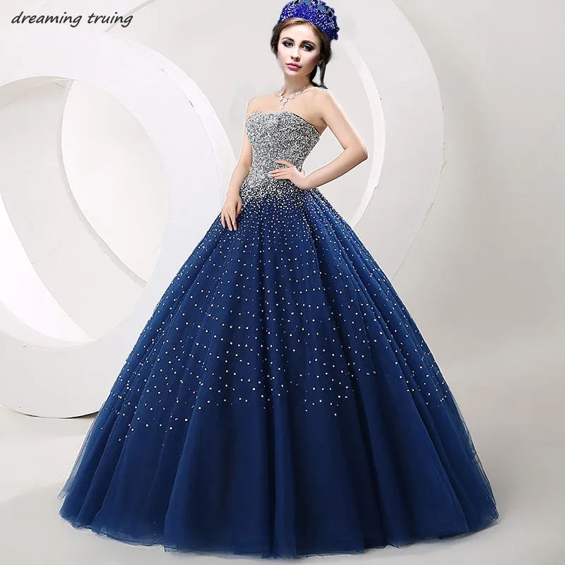 Vestidos De 15 Anos блестящие Бальные платья с бусинами расшитые блестками темно синие