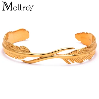 

MCLLROY Fashion 316 TItanium Steel Vintage Exquisite Feather Cuff Bracelet Stainless Steel Cool Leaf Bangles Bijoux