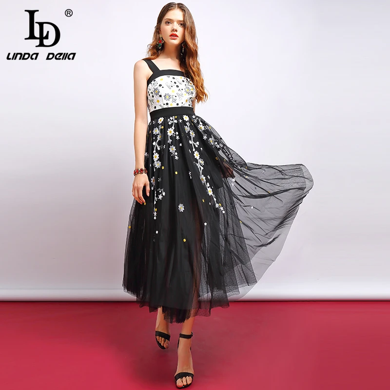 LD LINDA DELLA Fashion Runway Lange Jurk vrouwen Spaghetti Band Vintage Bloem Borduren Mesh Overlay Elegante Partij Jurken LD LINDA DELLA Fashion Runway Lange Jurk vrouwen Spaghetti Band Vintage Bloem Borduren Mesh Overlay Elegante Partij Jurken