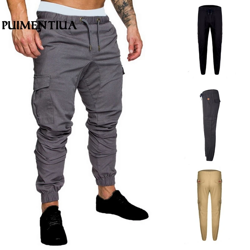 

Puimentiua 2019 Men's Pants Hip Hop Pants Male Multi-pocket Elastic Waist Cargo Drawstring Sweatpants Homme Fitness Trousers