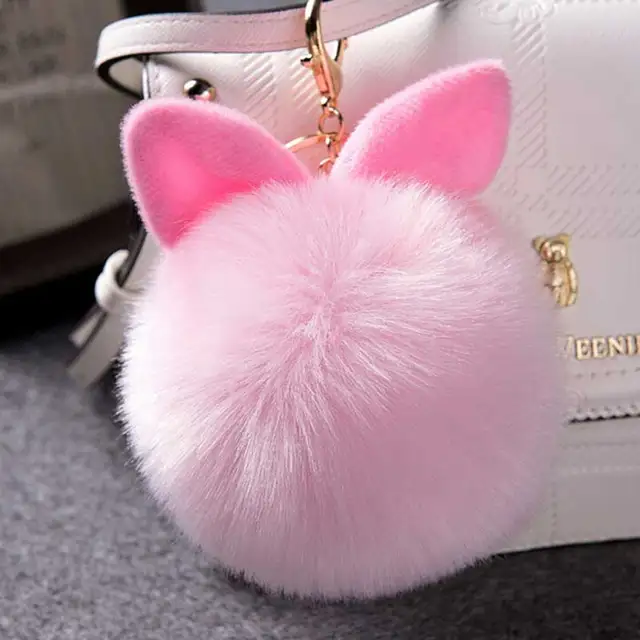 zoeber cute fluffy faux rabbit ear fur ball keychain keyholder