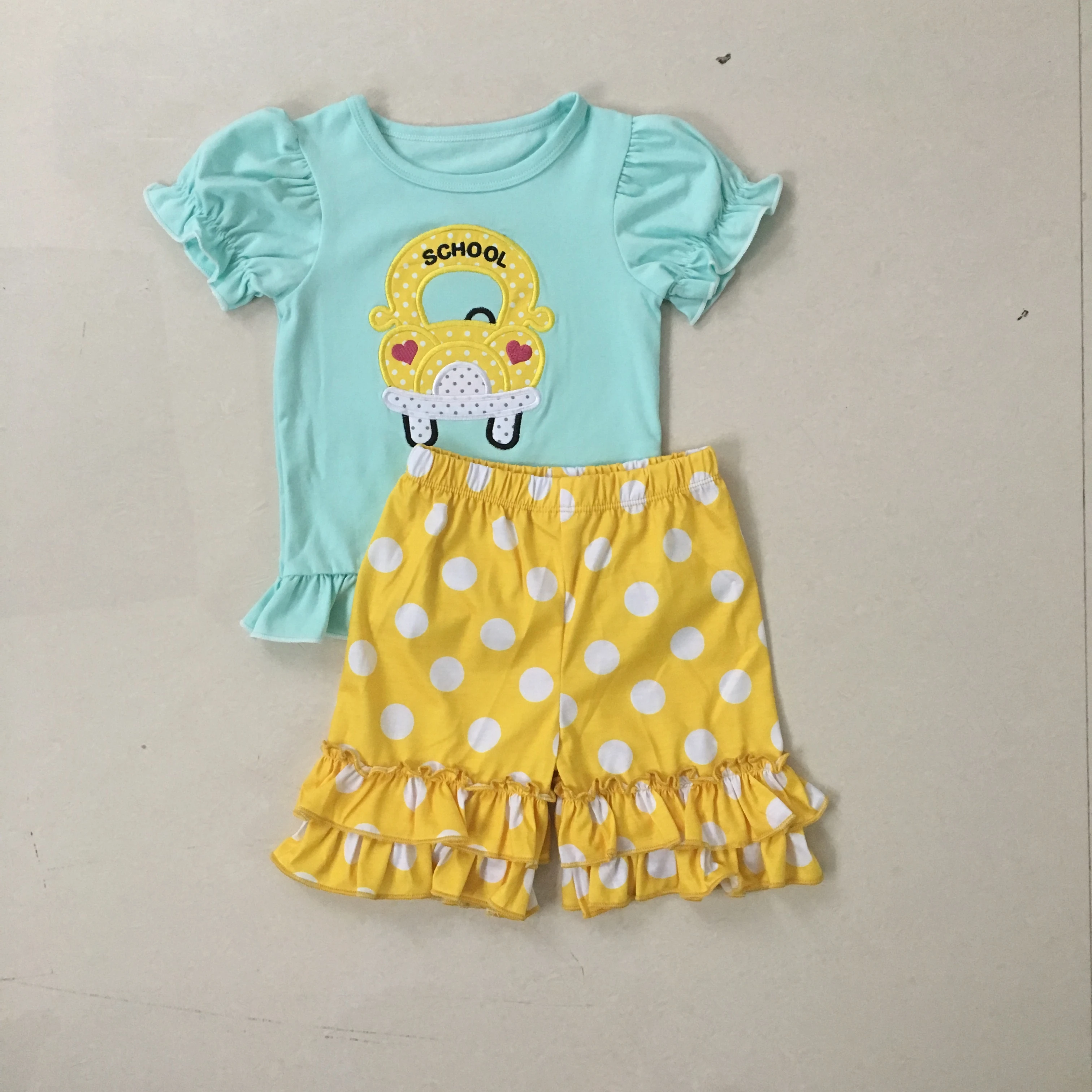 

Puresun 2019 New Arrival Back To School Design Girls Summer Clothing Short Sleeve Bus Applique Boutique Children Shorts Outfit