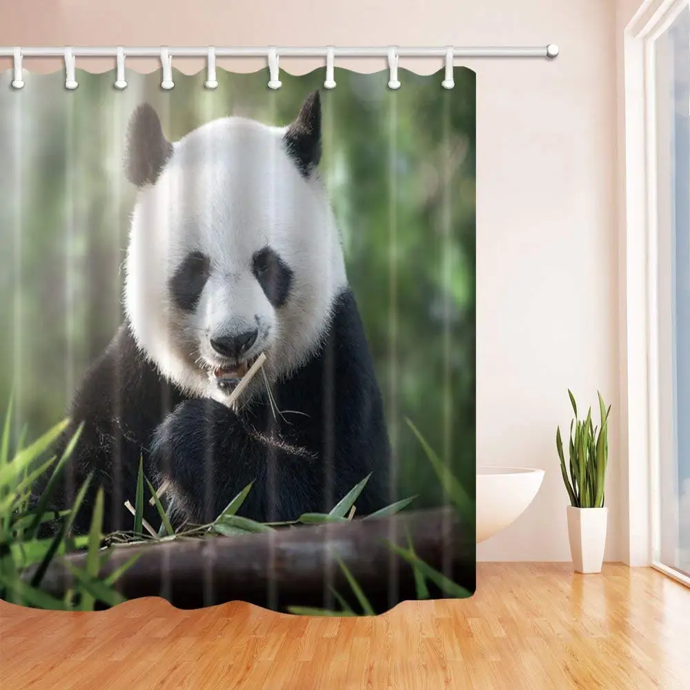 Animal Panda Pattern Theme Shower Curtain Lovely Black White Panda Eating Green Bamboos Waterproof Mildew Resistant Polyester Animal Panda Pattern Theme Shower Curtain Lovely Black White Panda Eating Green Bamboos Waterproof Mildew Resistant Polyester