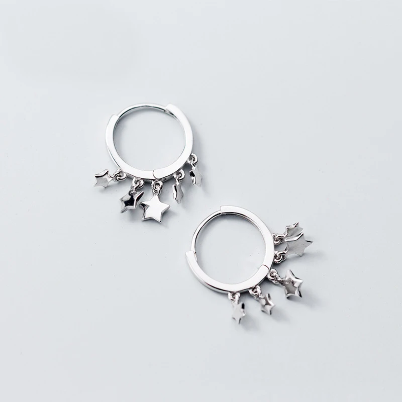 

925 Sterling Silver Dangle Stars Huggie Hoop Earrings Jewelry Women Simple Star Tassel Shiny Female Ear Accessories