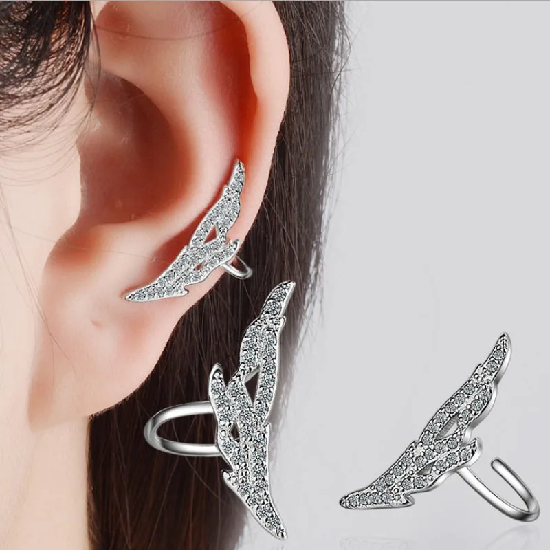 

KOFSAC New Charm Cute Wings 925 Silver Ear Cuff Earrings For Women Elegant Zircon Non Piercing Cartilage Ear Clip Jewelry Gift