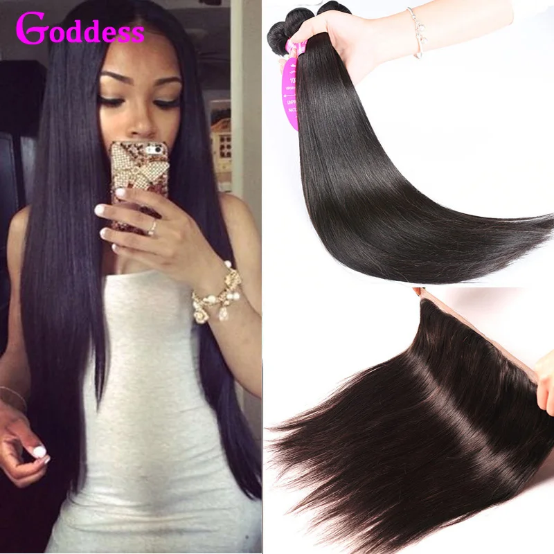 

Brazilian Straight Hair With Frontal Closure Virgin Straight Hair 3 Bundles With 13*4 Pre-Plucked Ear To Ear Lace Frontals Deal