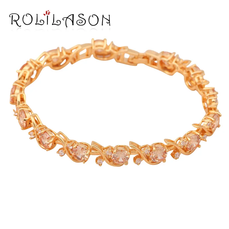 ROLILASON Champagne AAA Zrcon Crystal font b Gold b font Tone font b Bracelets b font