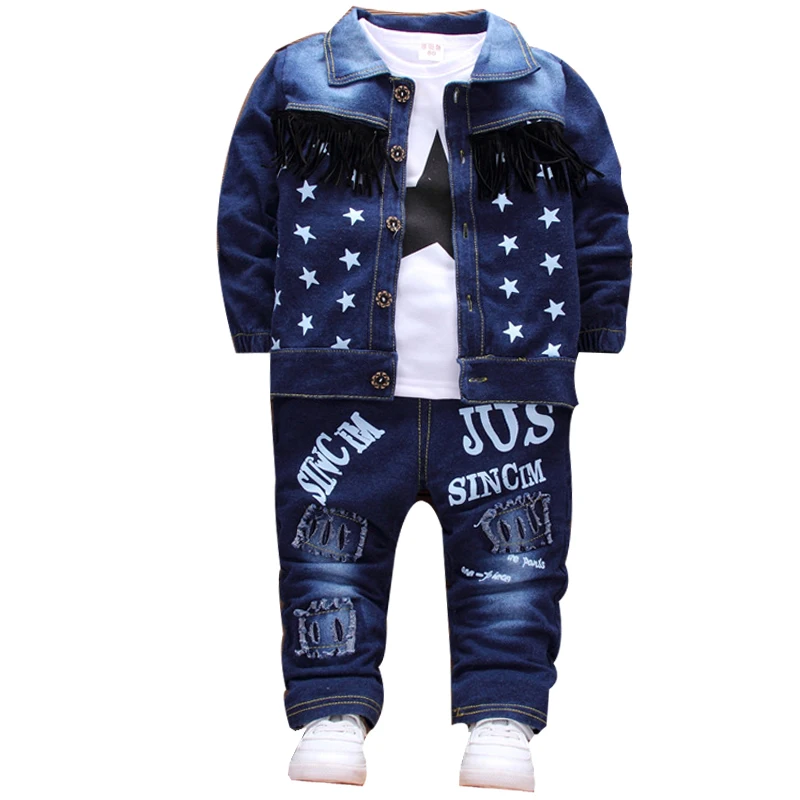 Baby toddler Sport Clothes Suit kids Clothing Set Cotton Boy Clothes Denim Jeans jacket Coat T-shirt Pants 3PCS Star Tracksuit