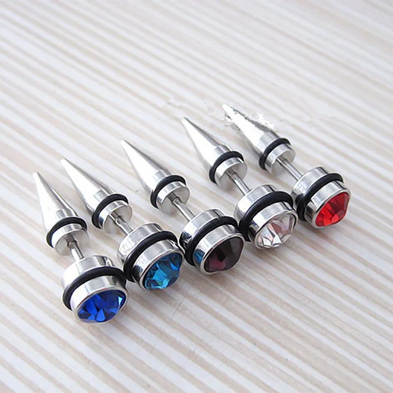 Silver Stainless Steel Fake Ear Taper Stud Earrings Cubic Zirconia