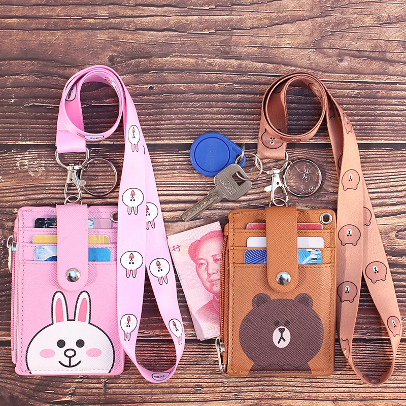 

Women Cartoon Brown Bear Bunny Cony Leather Card Holder Students Bus Card Case Lanyard Girl Cute Rabbit Door Work Identity Badge