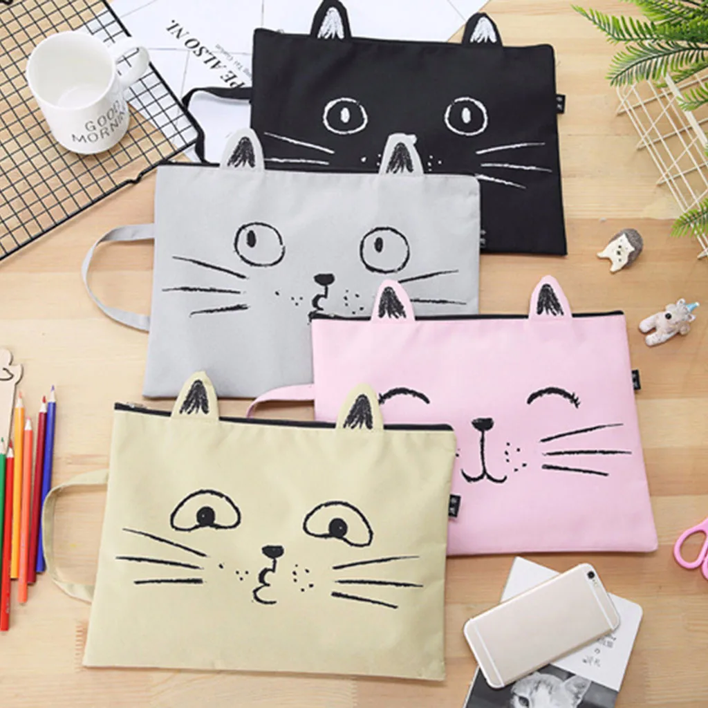 

Cute Cat A4 File Bag Mustache Zipper Canvas Student Storage Bag