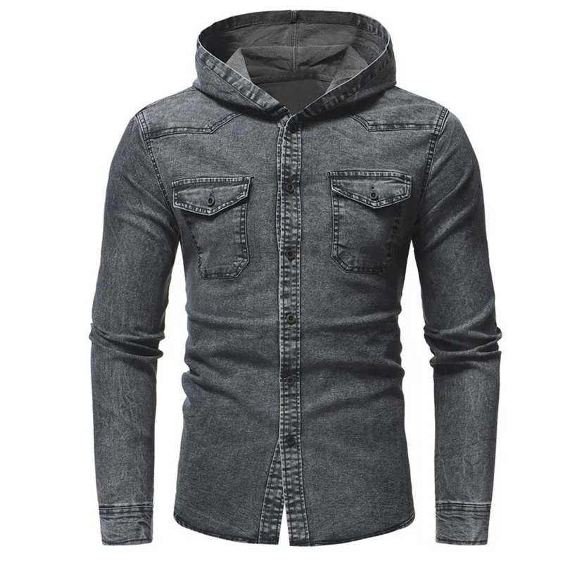 

Shujin Men Denim Shirt Brand 3XL 2019 Spring Casual Vintage Pockets Design Streetwear Solid Hoody Tops Camisa Black