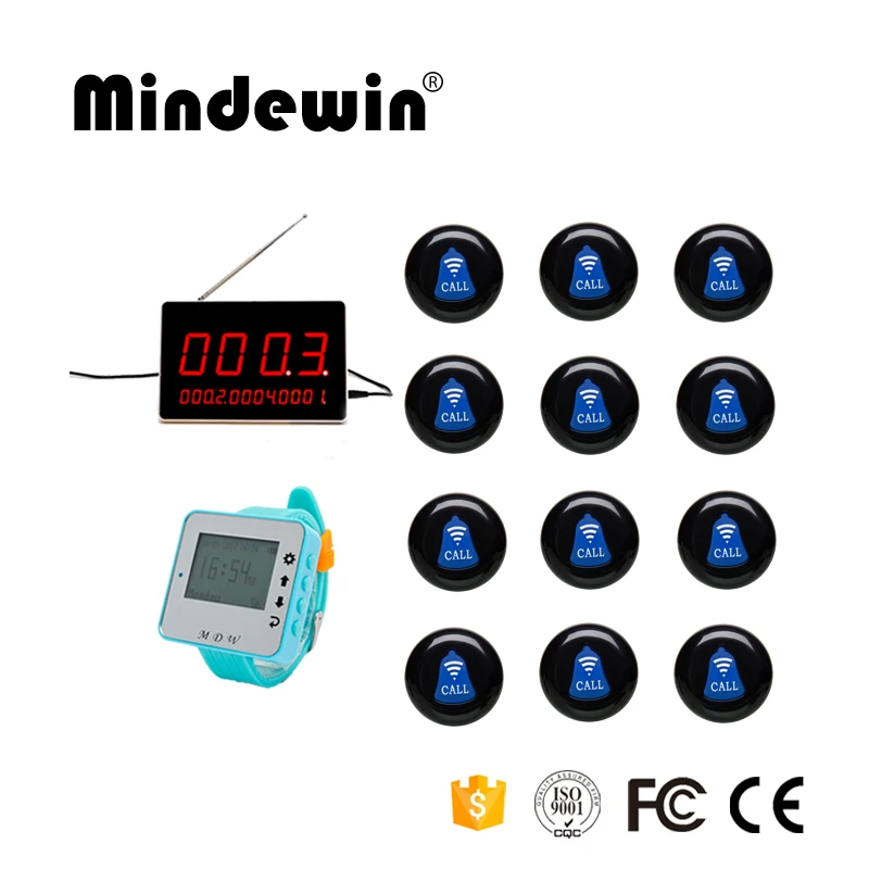 

Mindewin Call System For Restaurant 12pcs Call Buttons +1pc LED Display +1pc Watch Receiver Waiters Calling System Pager Call