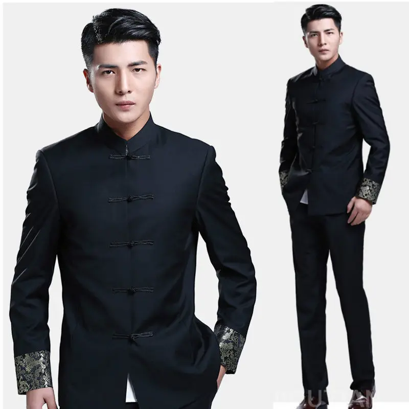 

Chinese style wedding groom Tang suits male stand collar tunic Clothing slim spring autumn Chinese Traditional Zhong Shan Suit