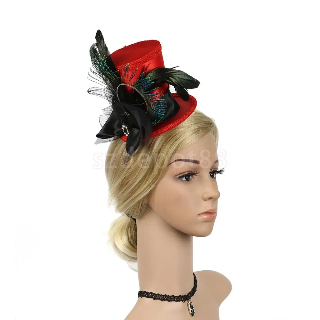 Vintage Women Ladies Black Feather Mini Top Hat Bowknot Hair Clip Fascinator Wedding Engagement Church Party Headwear
