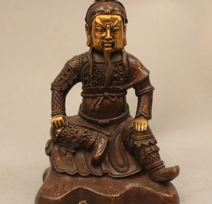 

9" Chinese Folk Bronze Seat General Guan Gong Yu Warrior God Statue Sculpture