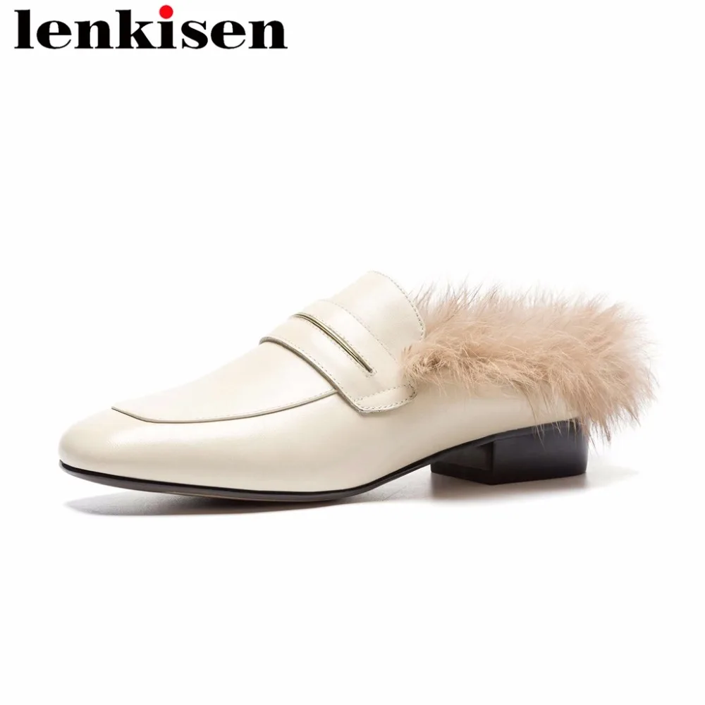 

Lenkisen square toe slip on genuine leather low heels slingback mules short plush keep warm spring autumn shoes women pumps L46