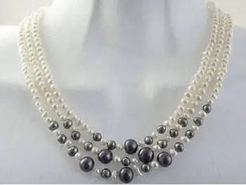 

wholesale Beautiful 3row 6-7mm white & black pearl necklace women's jewelry noble lady's CZ Luxury Ms. girl
