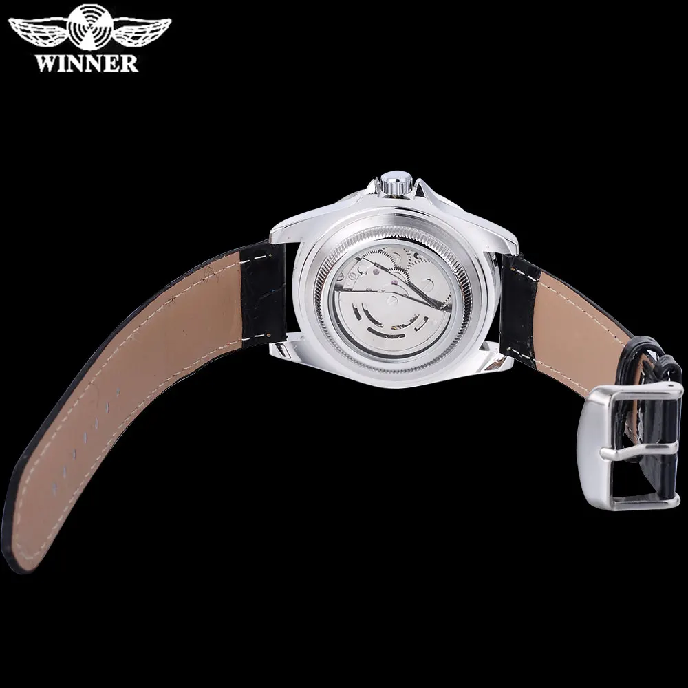 WINNER popular brand men luxury automatic self wind watches creative case black dial male leather band Relogio masculino