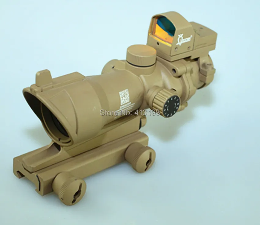 

Airsoft ACOG Style 4x32 Scope Illumination with Mini Red Dot & Killflash / Kill Flash (Tan) FREE SHIPPING