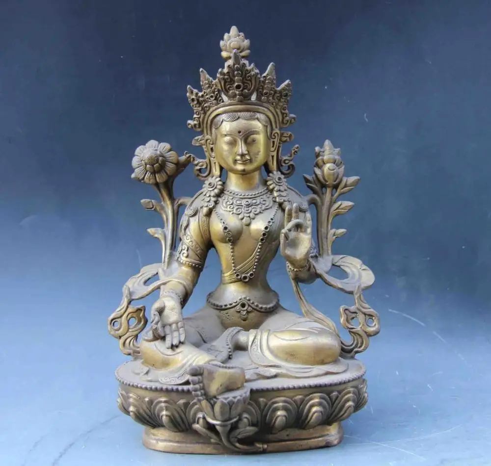 

9" Copper Brass Green Tara GuanYin Kwan-yin Boddhisattva Goddess Buddha Statue 22cm
