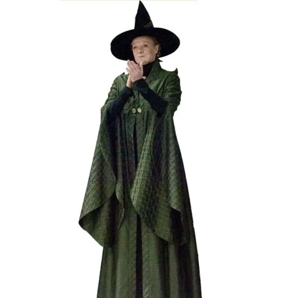 Платье Minerva McGonagall, костюм для косплея, темно-зеленый плащ-Тренч, платье+ плащ+ шляпа - Цвет: Зеленый