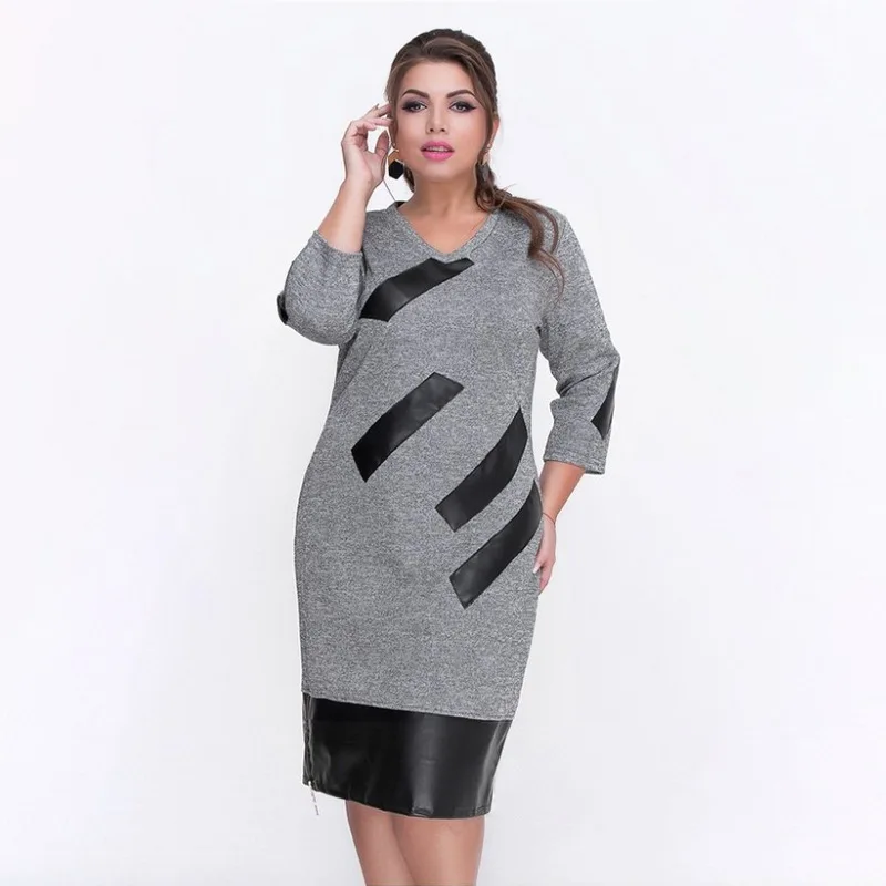

2019 Plus Size Women Dress 5XL 6XL Office Pencil Large Size Dress V Neck Leather Patchwork Slim Women's Spring Vestidos Red Grey