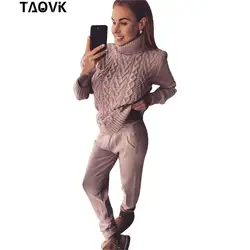 TAOVK женские костюмы шерсть теплые трикотажные наборы водолазка свитер с петельками + брюки комплект из двух предметов комплект Женская