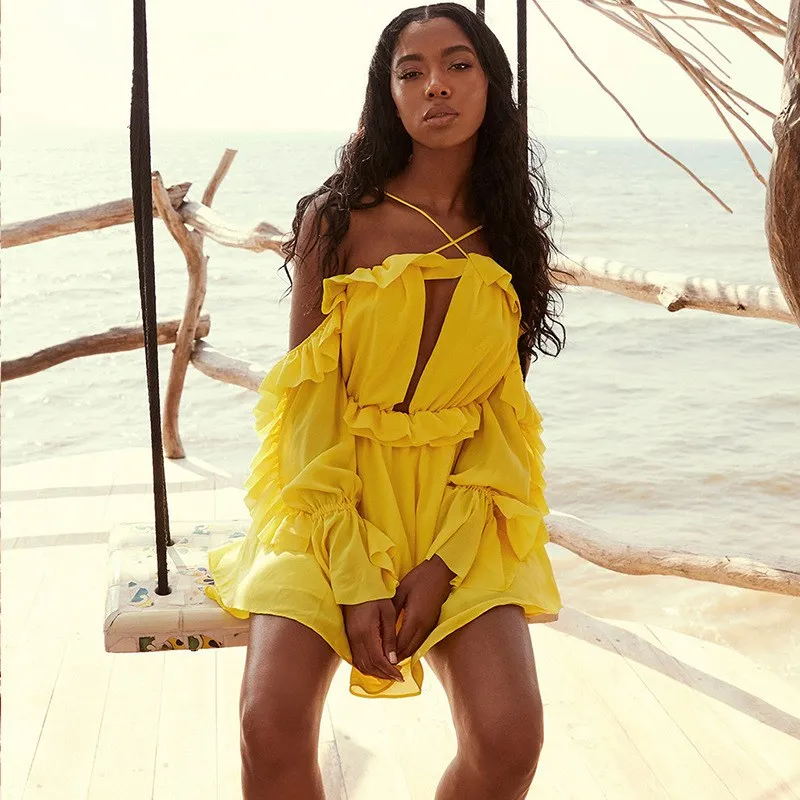 

Summer Backless Party Sexy Dress Casual Women 2019 Off Shoulder Halter Ruffles Boho Dress Sweet Beach Chiffon Mini Vestidos