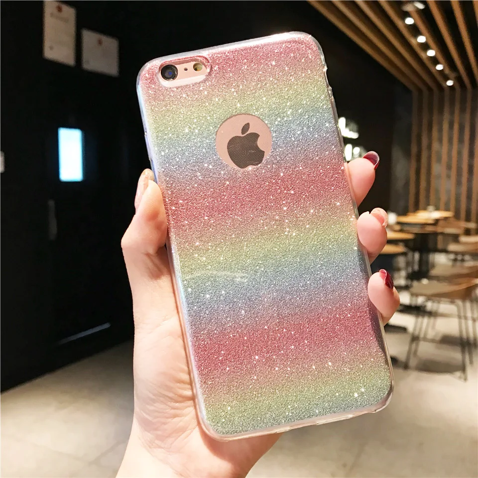 Glitter 2 in 1 Rainbow Color Silicone Soft Case For iPhone 6 6S 7 5S SE 8 Plus X XR XS MAX TPU Cover Bling Phone Cases Fundas |
