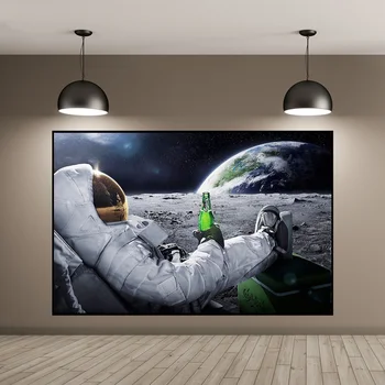 

Astronaut on The Moon with Beer Funny Canvas Art Print Wall Pictures for Living Room No Frame