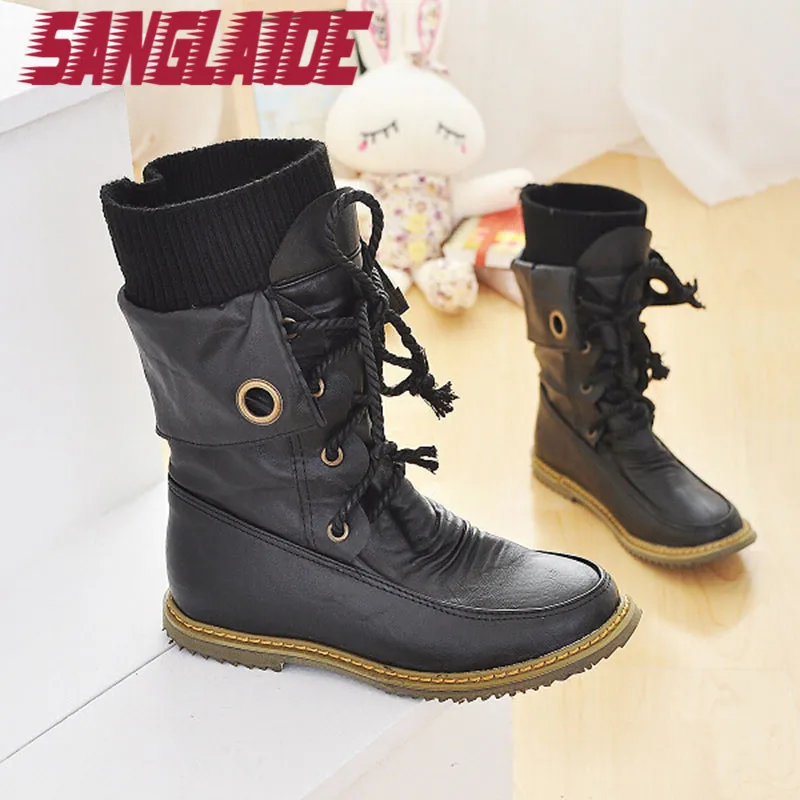 

SANGLAIDE Discount Spring Flat Lace Up Fashion Women Shoes Roman Boots Leather Stockings Horse Riding Motorcycle Boots Max Size