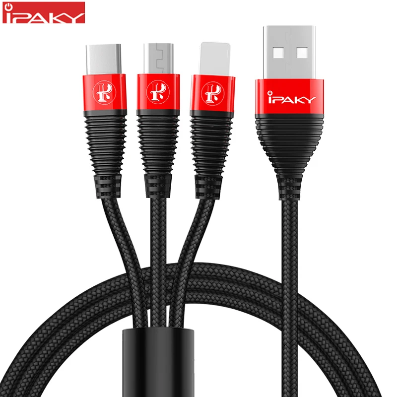 

IPAKY USB Cable 3 in 1 Fast Charging USB Cable Wire Data Sync USB Type C Cable For Huawei Mate 20 P30 for iPhone Samsung Xiaomi